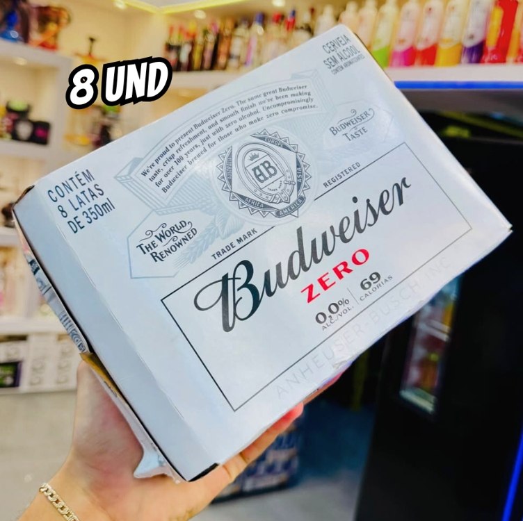 🍺 Pack 8 unid. Cerveja Budweiser Zero Álcool, 350ml, Lata