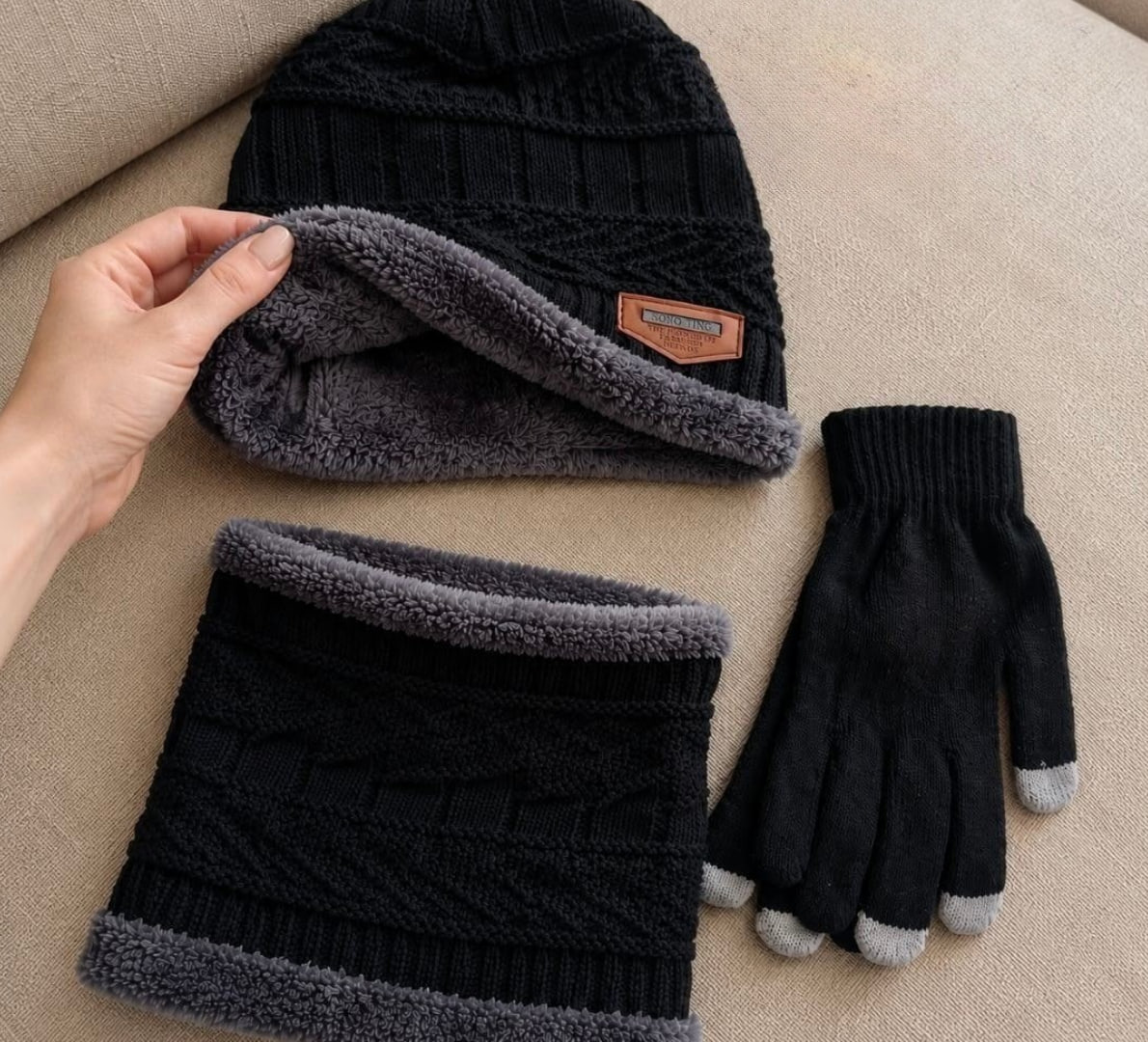 ✅ Kit Inverno Touca Gorro com Cachecol Luva e Meia Térmica