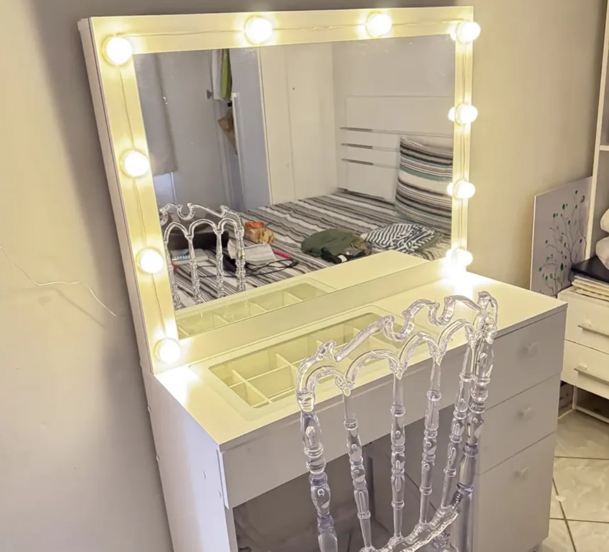 ✅ Penteadeira Ditália C/ Tampo De Vidro + Kit Luz