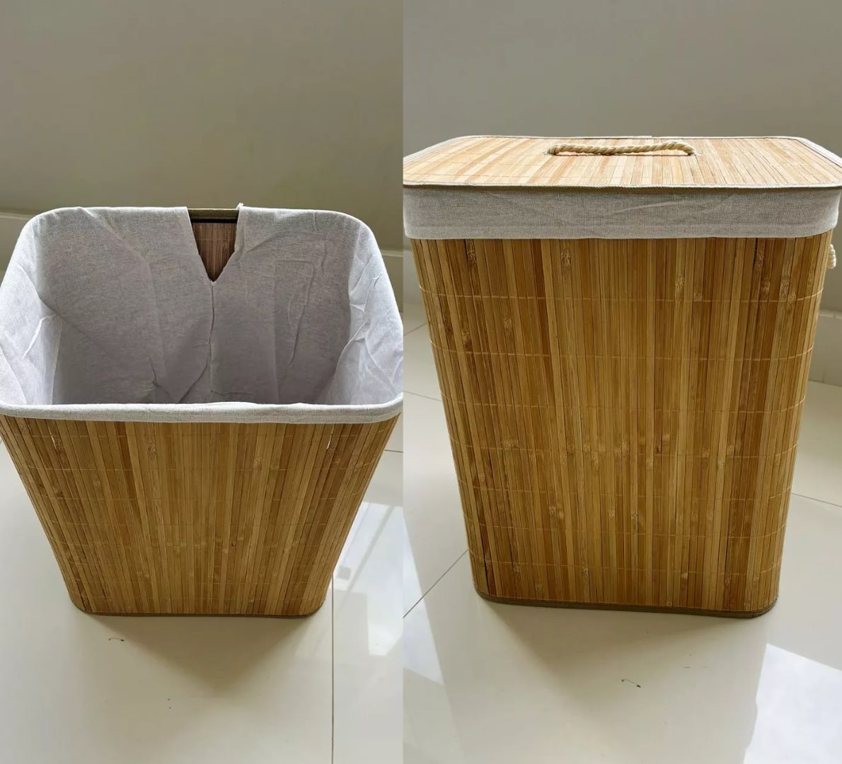 🎋 Cesto de Roupa Suja Bambu Com Tampa e Alças 50 Litros