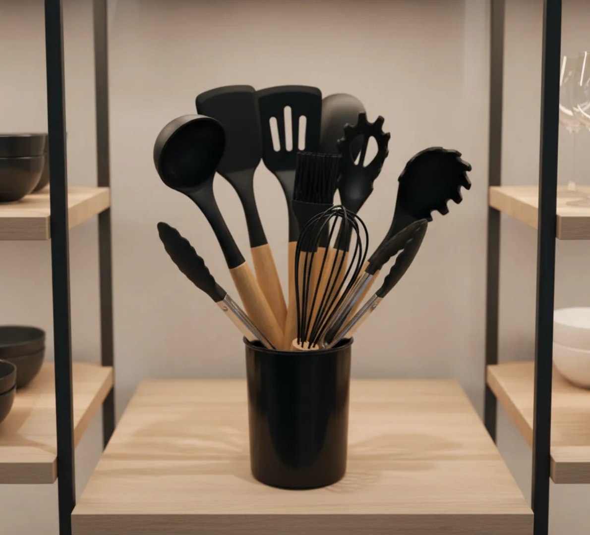 ✅ Kit Com 12 Utensílios De Cozinha Silicone Cabo De Madeira