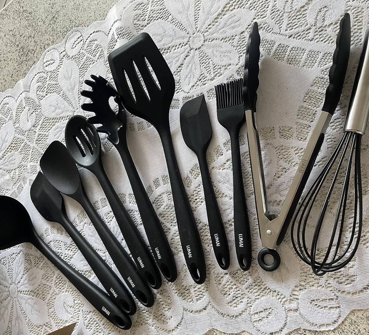 ✅ Kit 10 Utensílios de Cozinha Grandes em Silicone e Aço Inox Lumai