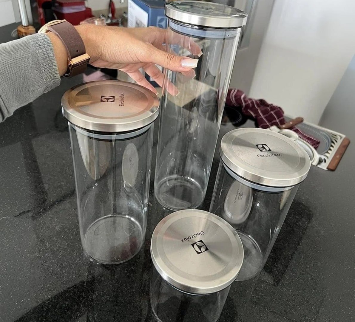 ✅ Kit com 4 Potes Herméticos de Vidro Electrolux com Tampa Inox