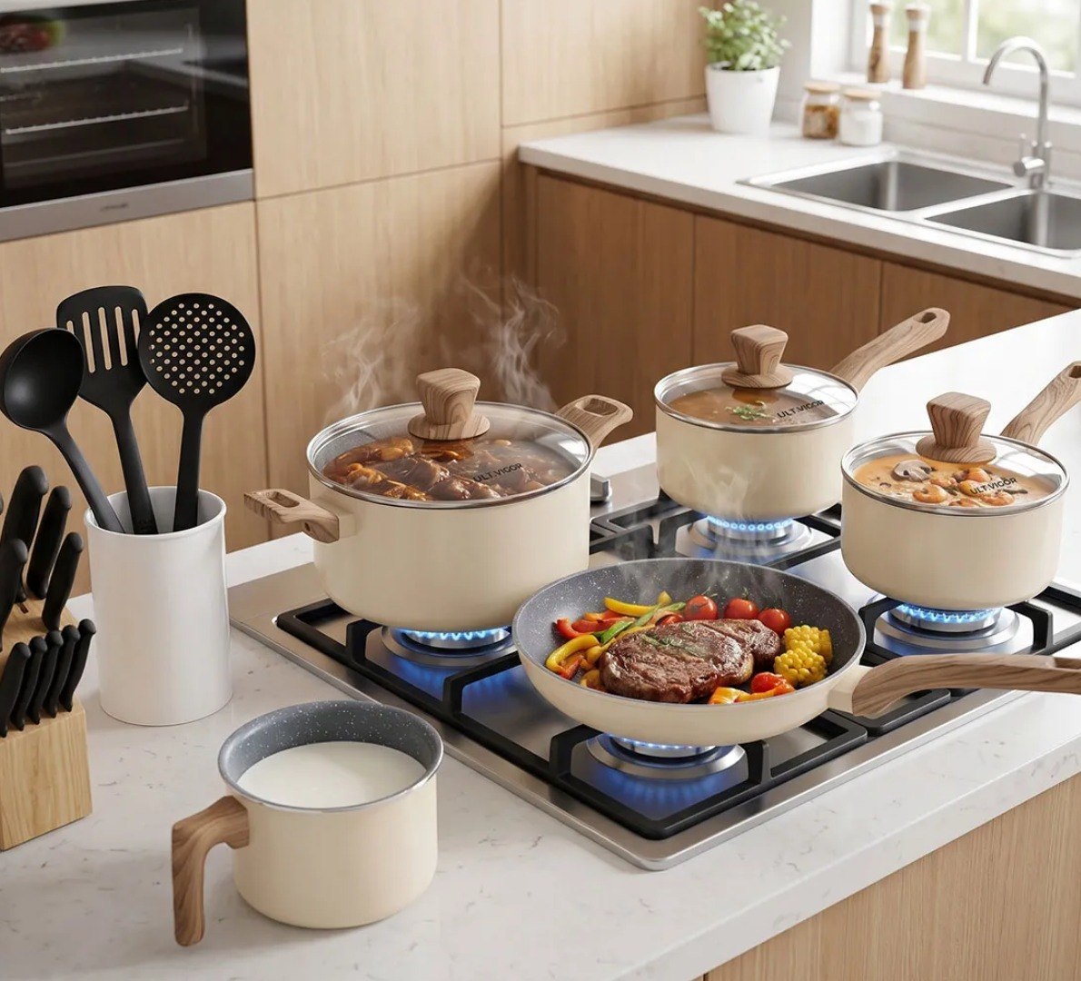 🫕 Conjunto Panelas Cerâmica Antiaderente Indução Gás- 8 Peças