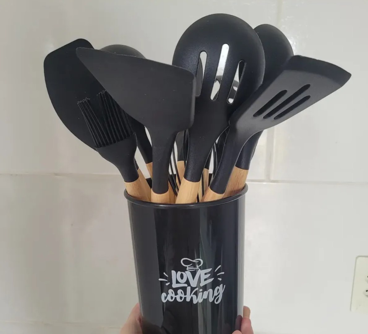 ✅ Kit Com 12 Utensílios De Cozinha Silicone Cabo De Madeira