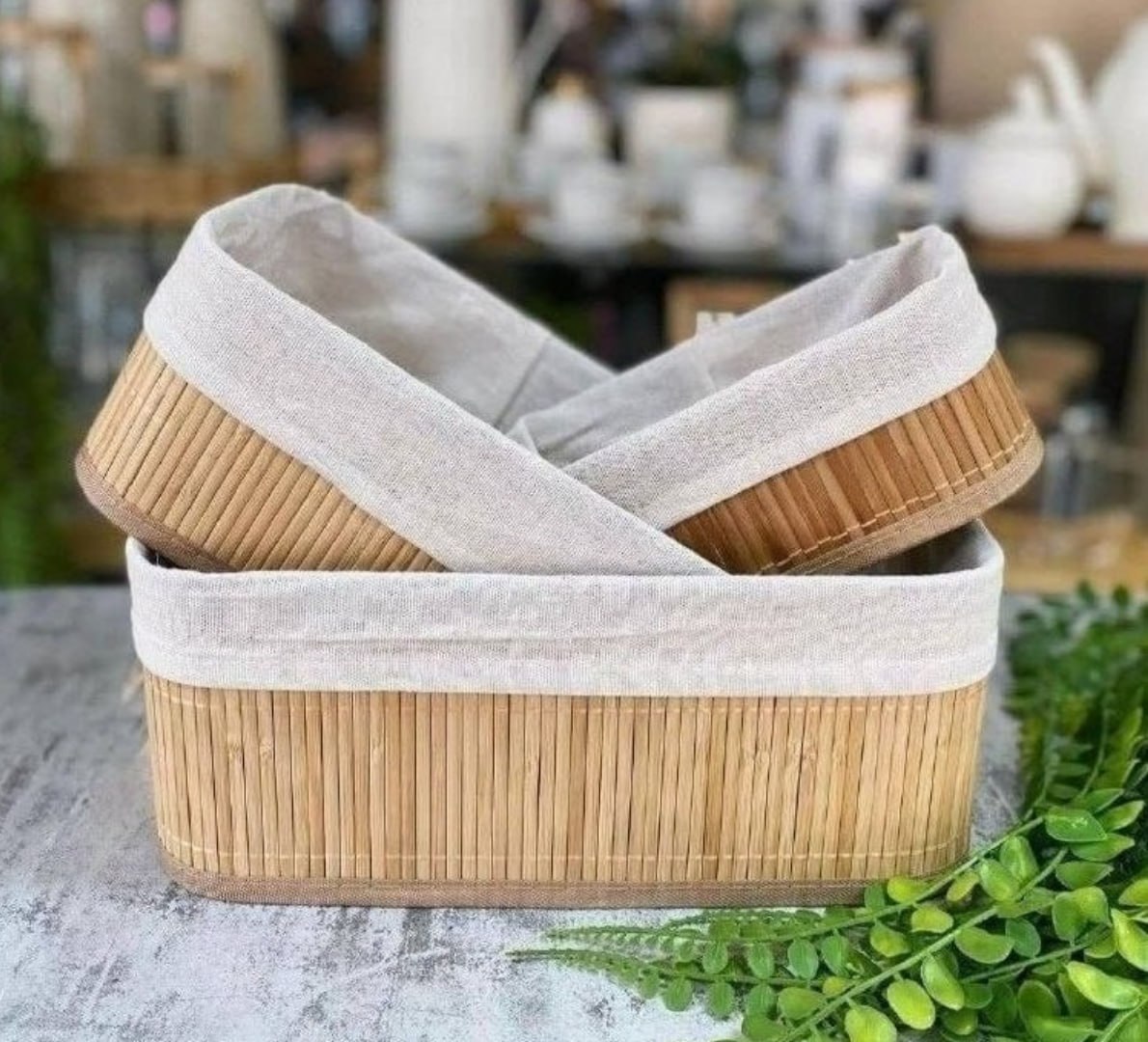 ✅ Kit 3 Cestos Organizadores de Bambu Retangulares com Forro Lavável