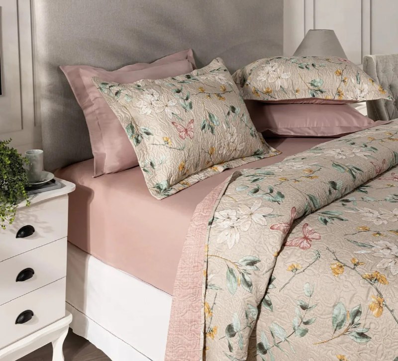 🛏 Kit Cobre Leito Colcha Queen florido 3 Peças