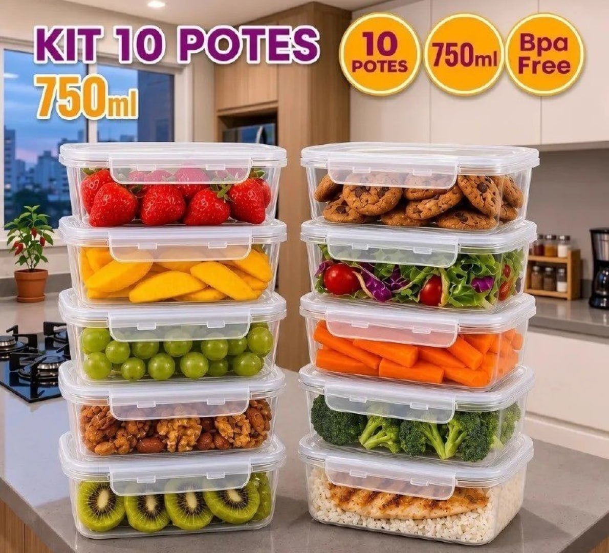 ✅ Kit com 10 Potes 750ml com Tampa Trava Plástico Transparente
