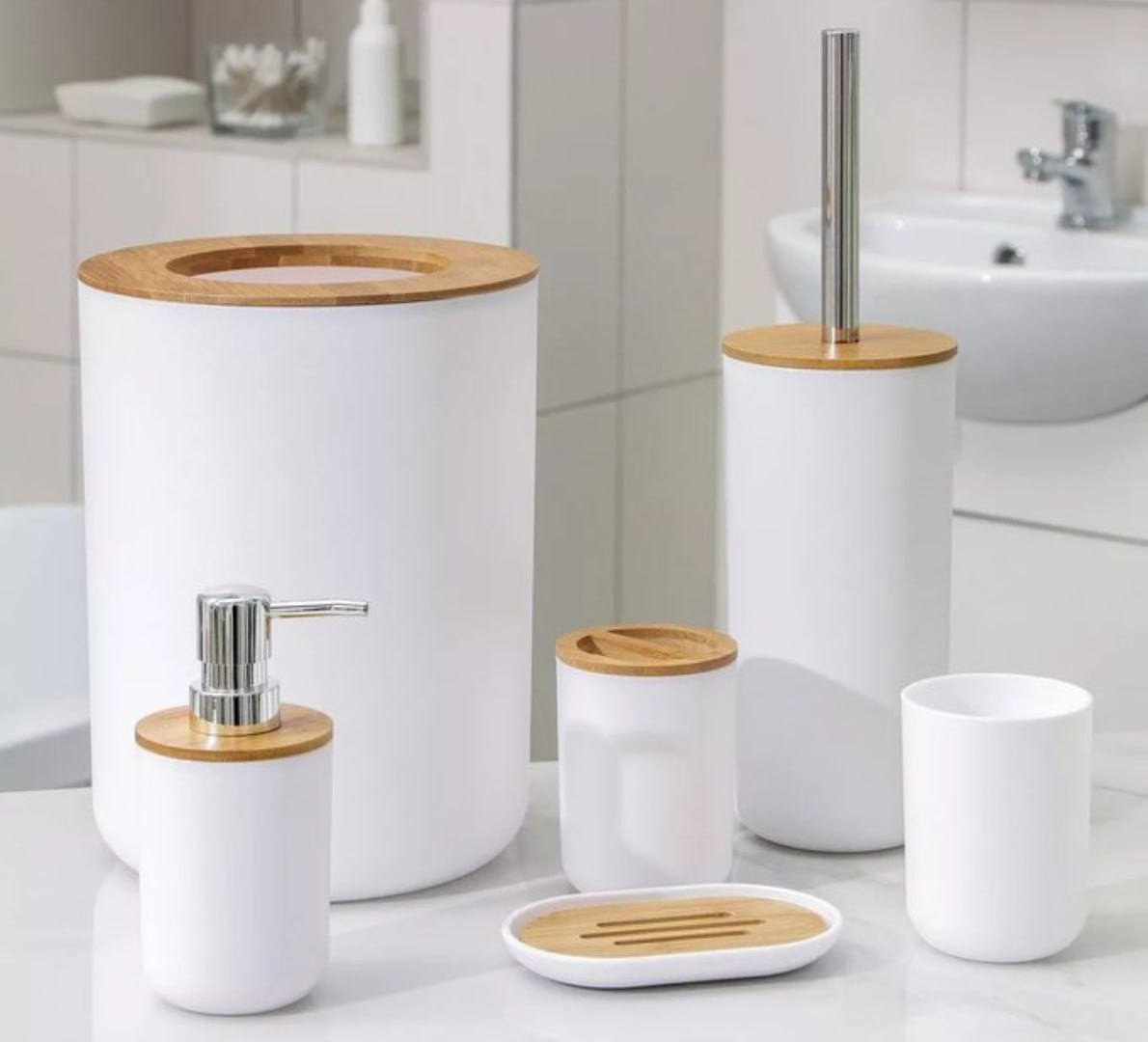 ✅ Kit Conjunto Banheiro 6 Peças Lixeira Com Tampa Bambu