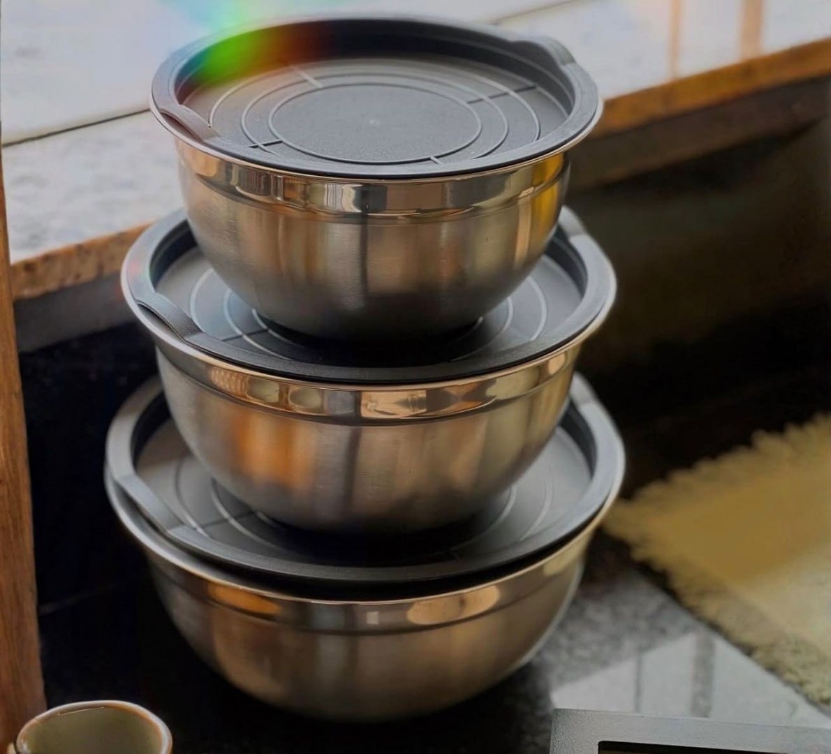 ✅ Conjunto 3 Bowls de Inox com Tampas Plásticas Vittak