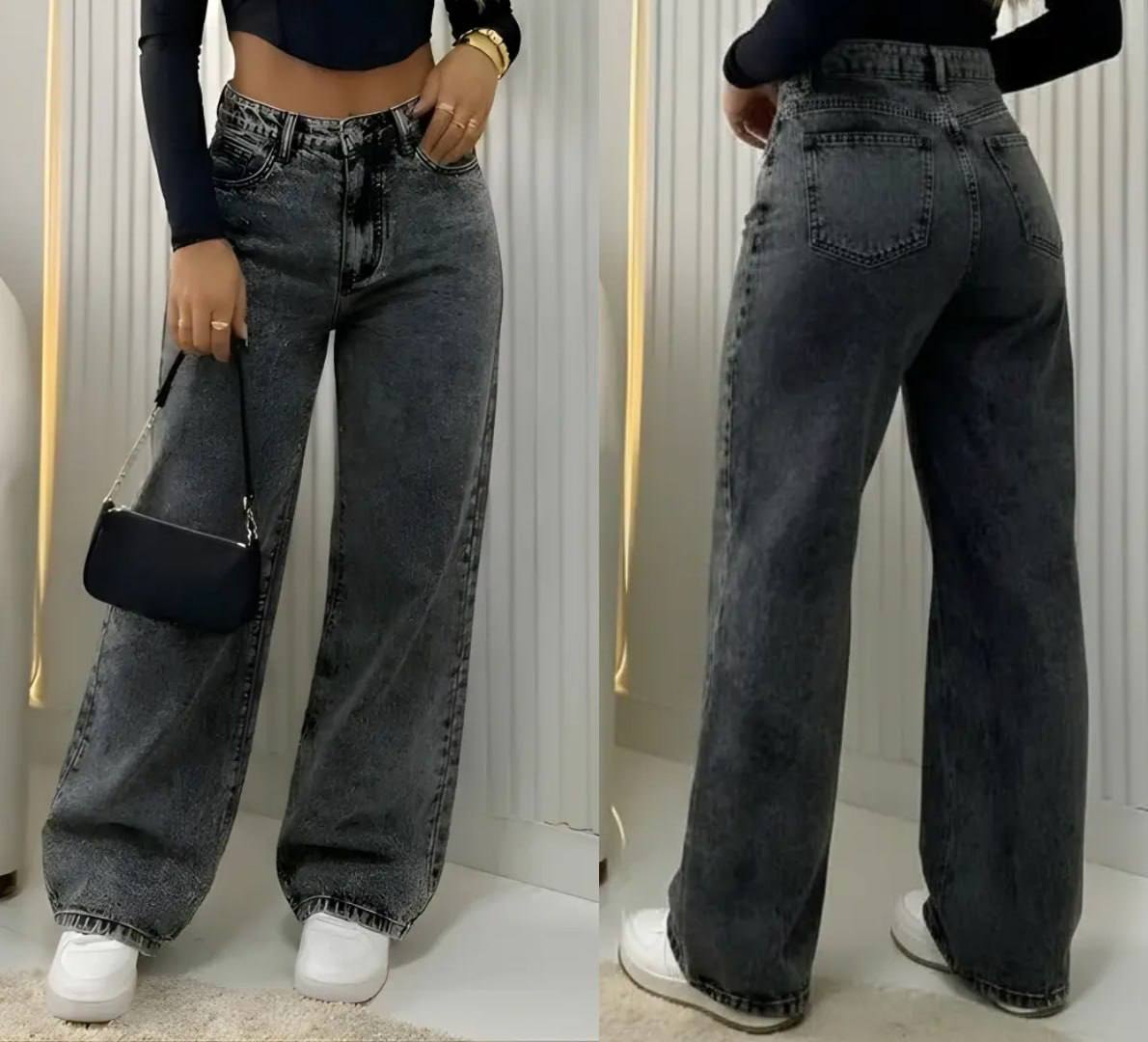 👖 Calça Wide Leg Jeans Cintura Alta Pantalona (3 Cores)