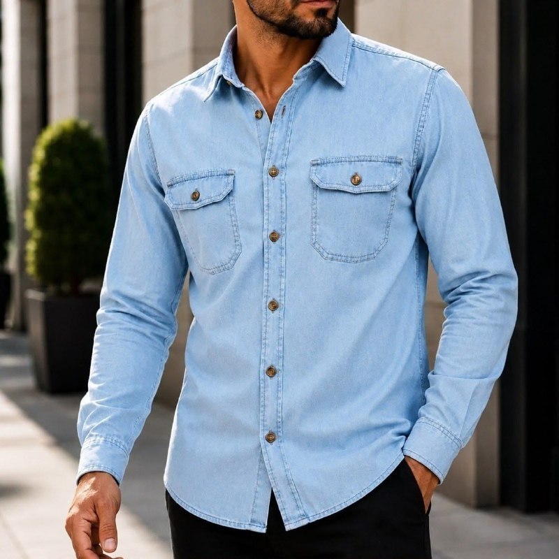 ✅ Camisa Jeans Masculina Social Slim Manga Longa