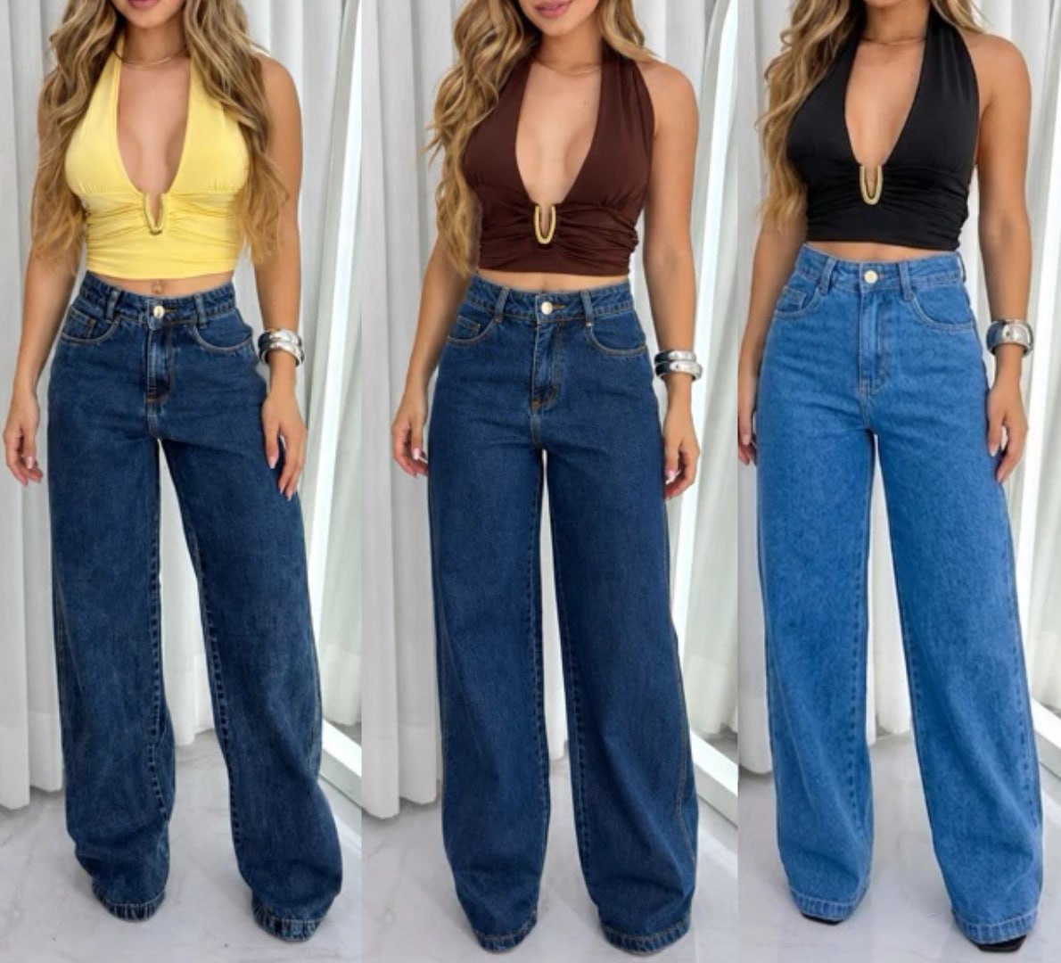 👖 Calça Wide Leg Jeans Cintura Alta 100% Algodão - Opções de cores