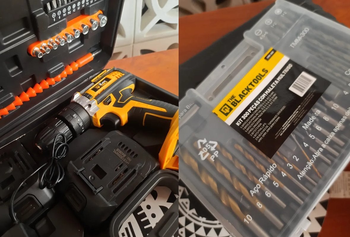 🧰 Parafusadeira Furadeira de Impacto 21v com Kit Brocas e Buchas 300 Peças The Black Tools
