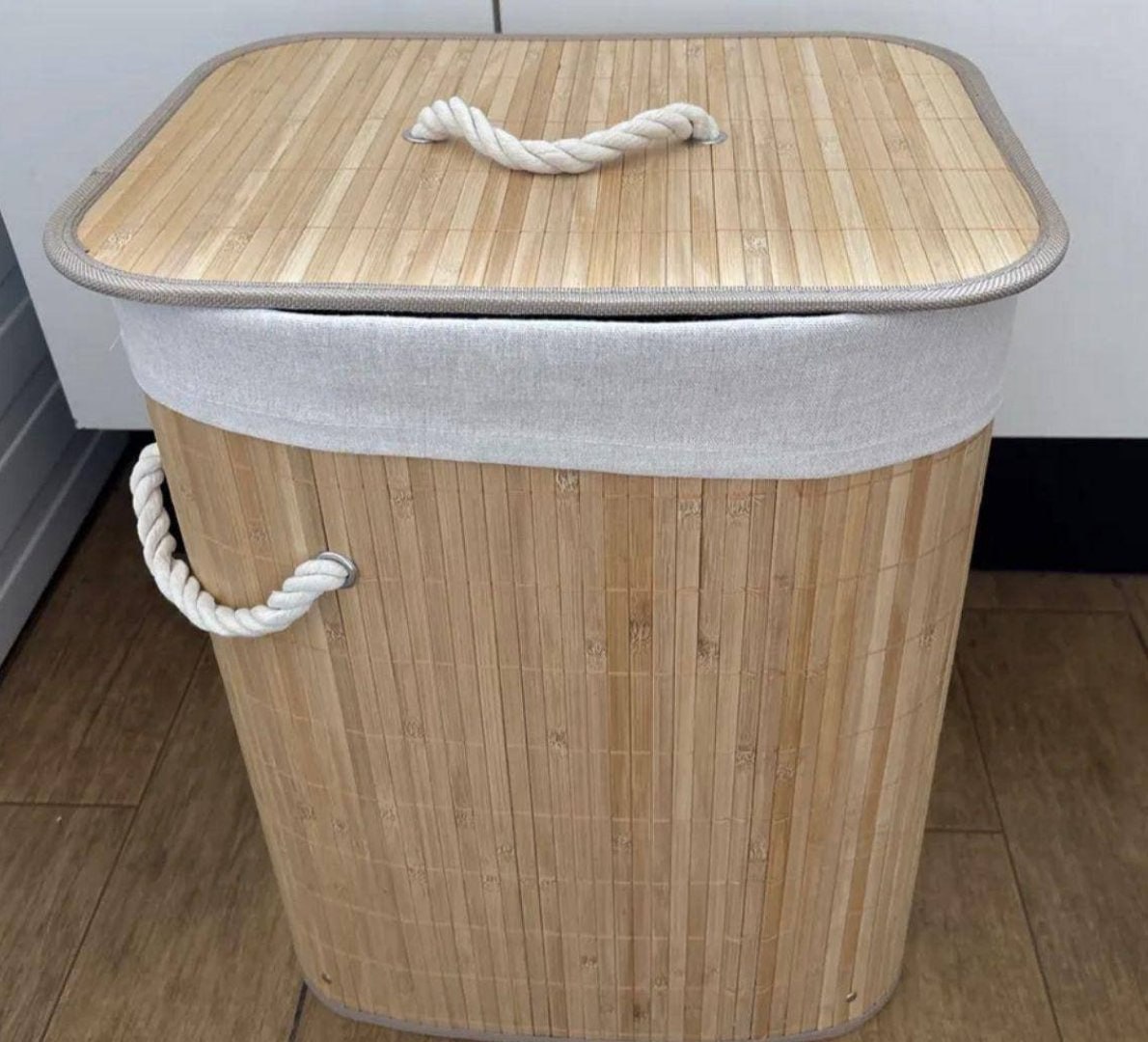 🧺 Cesto Roupa Bambu Retangular Dobrável C/ Tampa 60L
