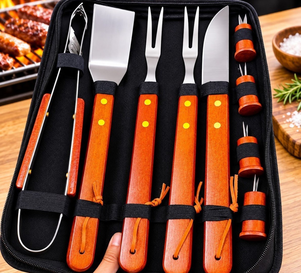 ✅ Kit Churrasco Faqueiro Cabo Longo Madeira Maleta Nylon 10pçs