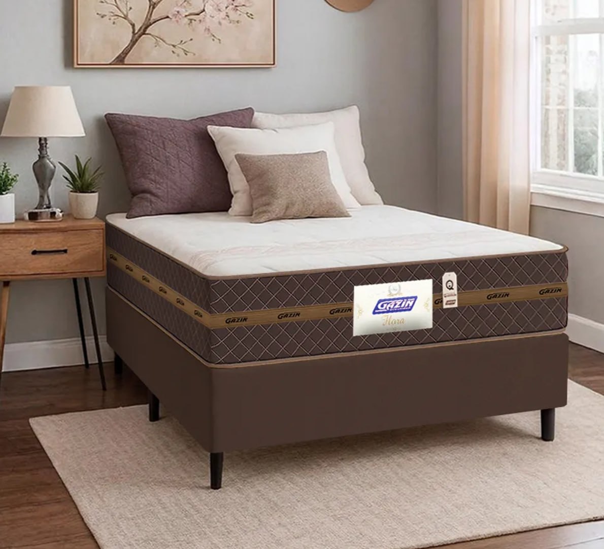 ✅ Cama Box Casal Colchão Molas Flora Marrom/Branco 138x188x60cm