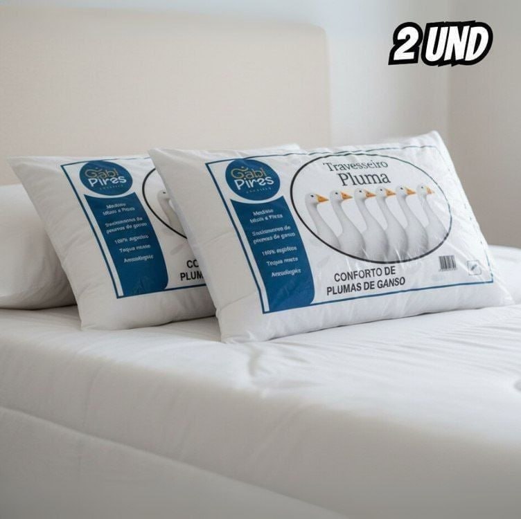 ✅ Kit 2 Travesseiros Pena De Ganso 70x50cm Toque Plumas