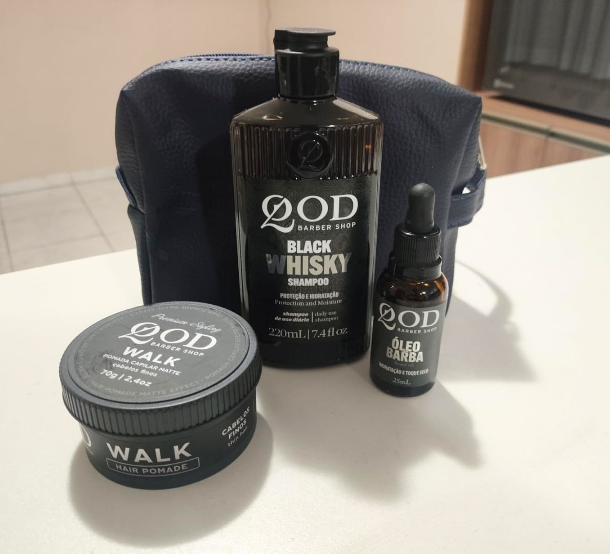 🧴 Kit QOD Barber Shop (Pomada Walk 70g + Shampoo Whisky 220ml + Óleo Hidratante 25ml)