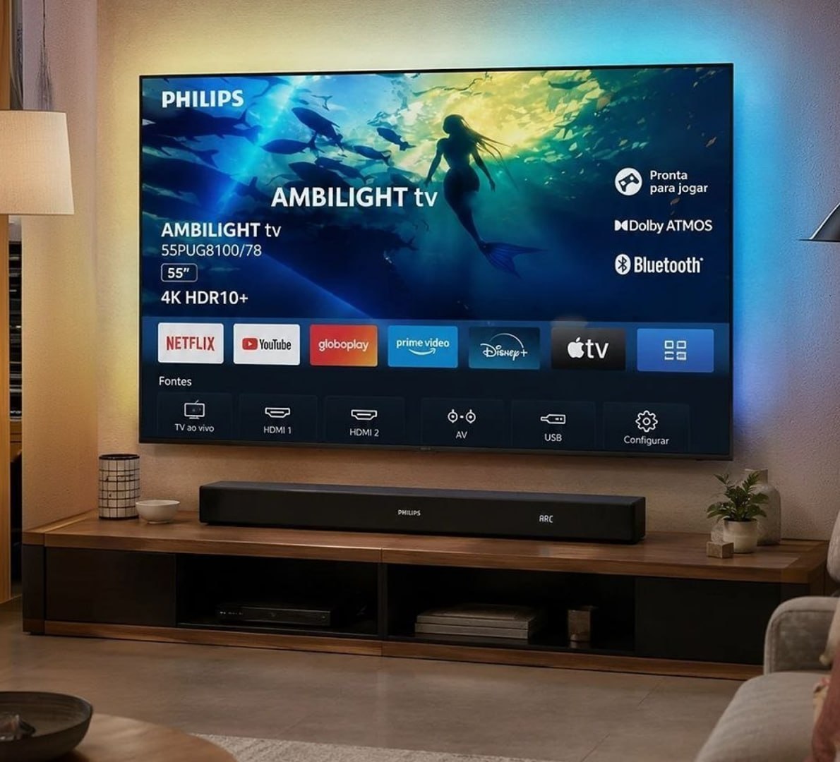 📺 PHILIPS, Smart TV Ambilight 55" 4K + PHILIPS, Soundbar, TAB4000