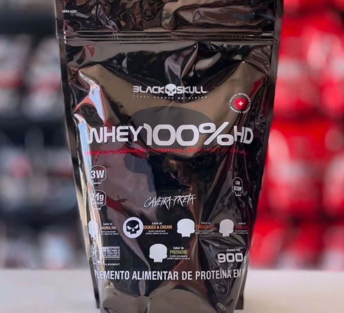 💪 Whey 100% HD 900g Black Skull Sabor Morango