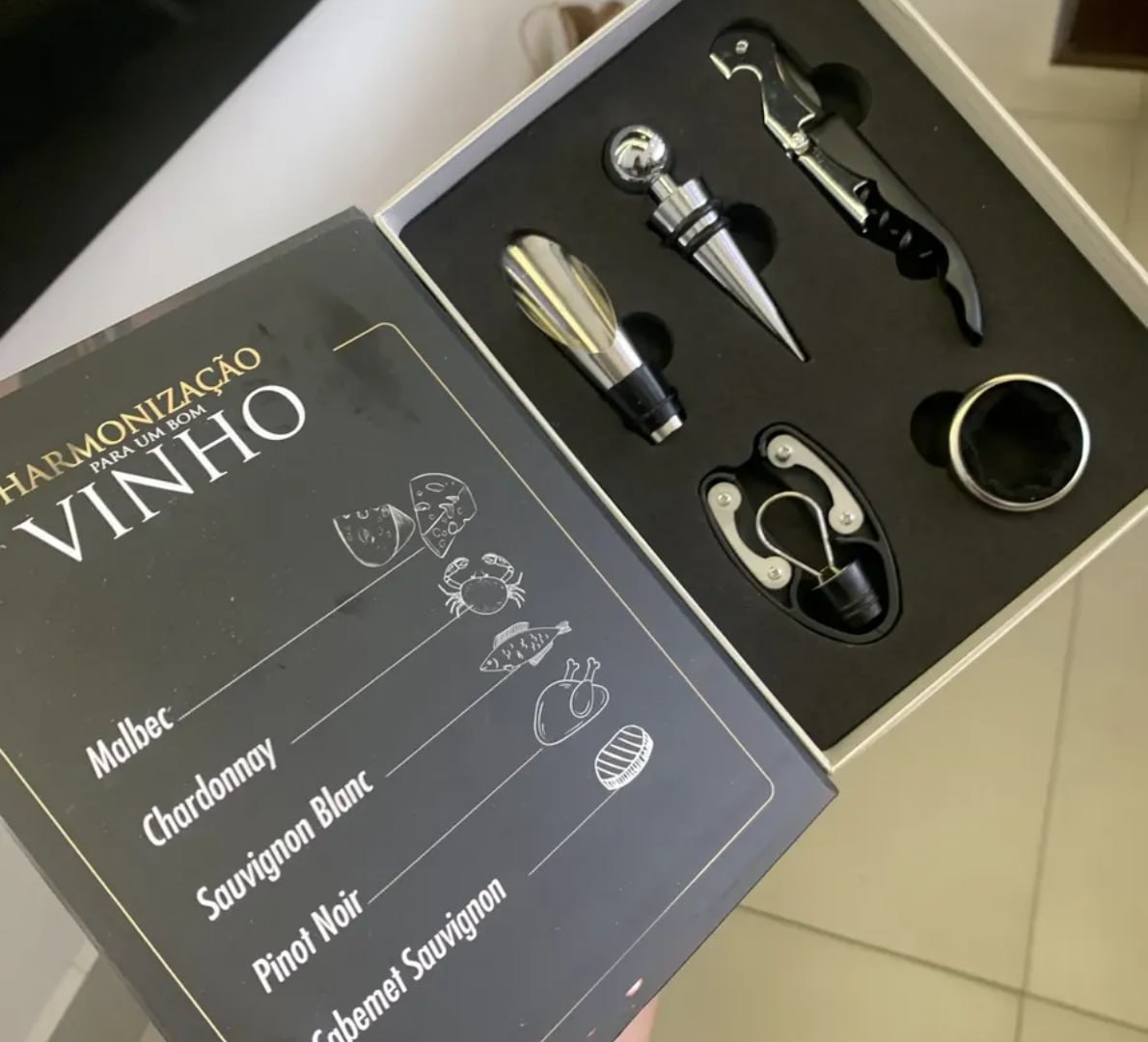 🍷 Kit Vinho 5 Peças: Abridor, Dosador, Saca Rolhas E Tampa