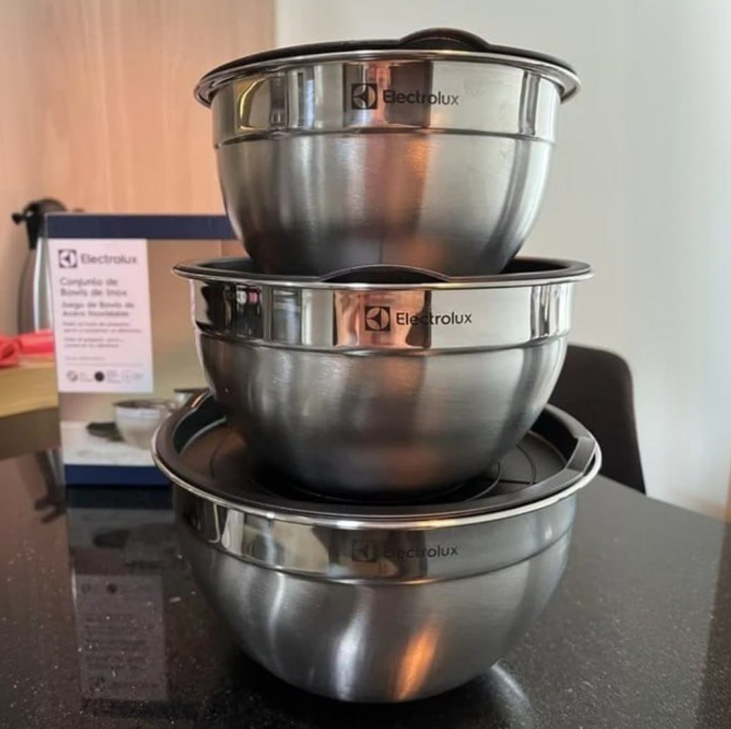 ✅ Conjunto com 3 Bowls Tigelas Inox e Tampa Plástica Electrolux