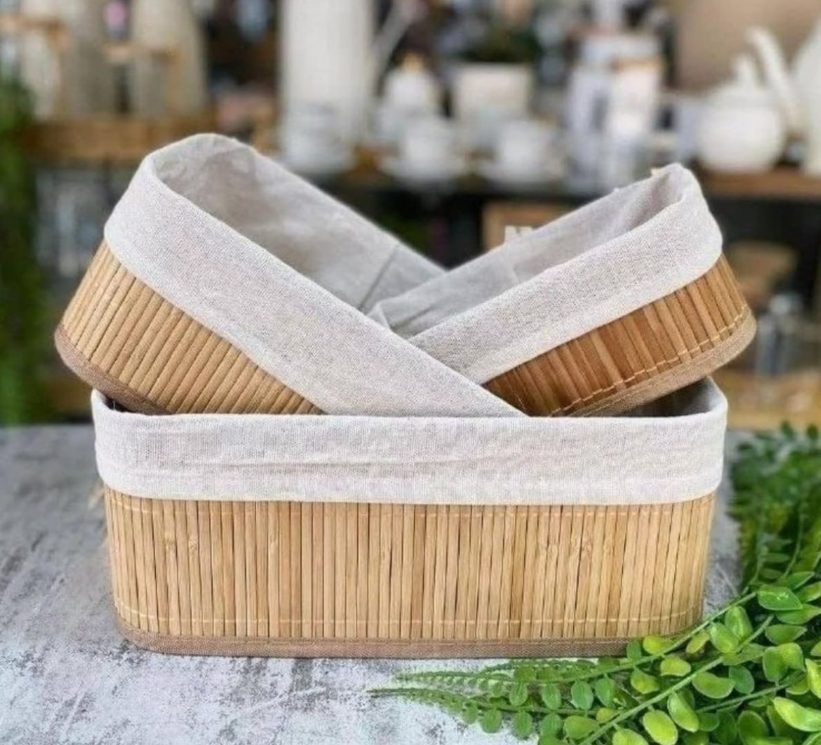 ✅ Kit 3 Cestos Organizadores de Bambu Retangulares com Forro Lavável