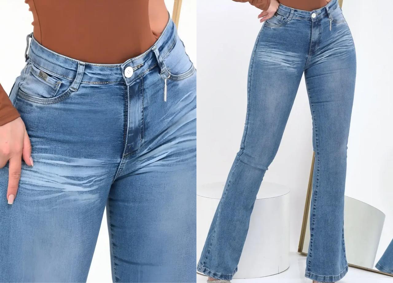 👖Calça Jeans Flare Cintura Alta Elastano (Em cores)