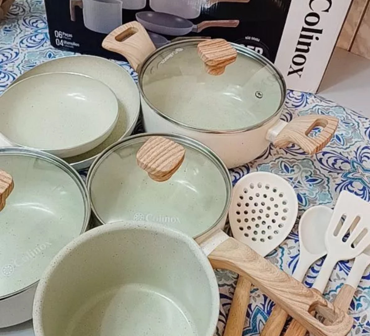🍳 Jogo de Panelas 6 Peças Antiaderentes com Tampa de Vidro + 4 Utensílios