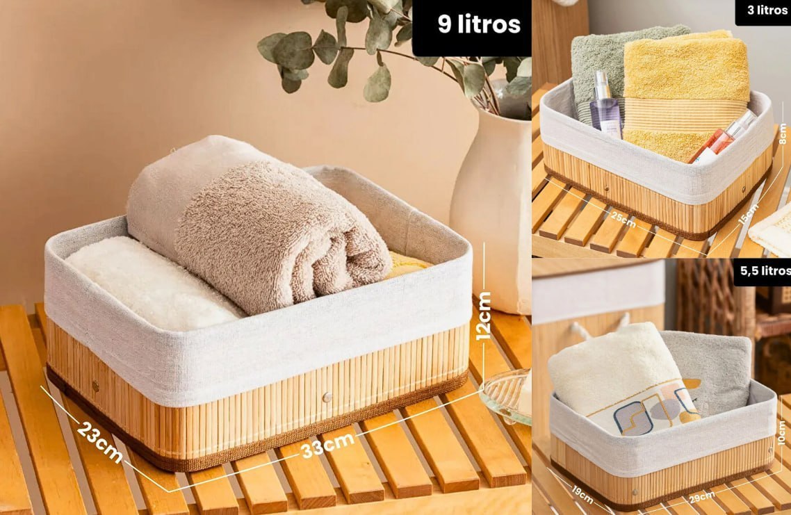 ✅ Kit 3 Cestos Organizador de Bambu Multiuso com Forro