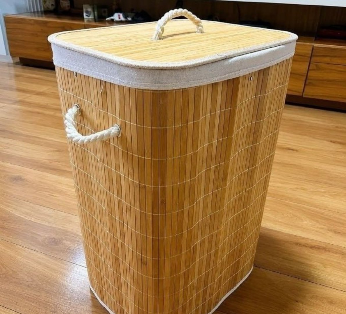 ✅ Cesto De Roupa Suja De Bambu Com Tampa 70 Litros