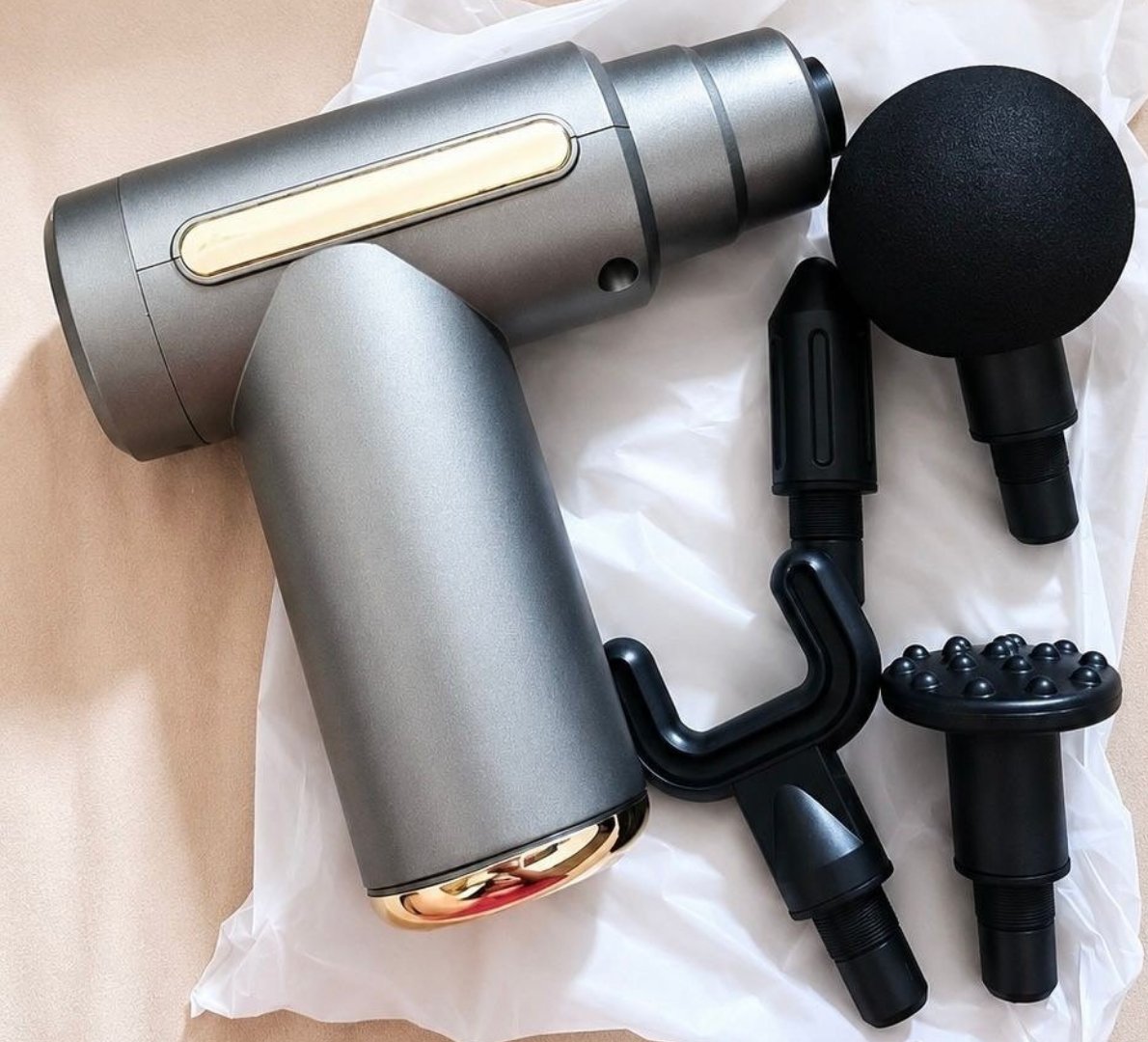 ✅ Massageador Pistola Elétrica Profissional - Prata e Verde