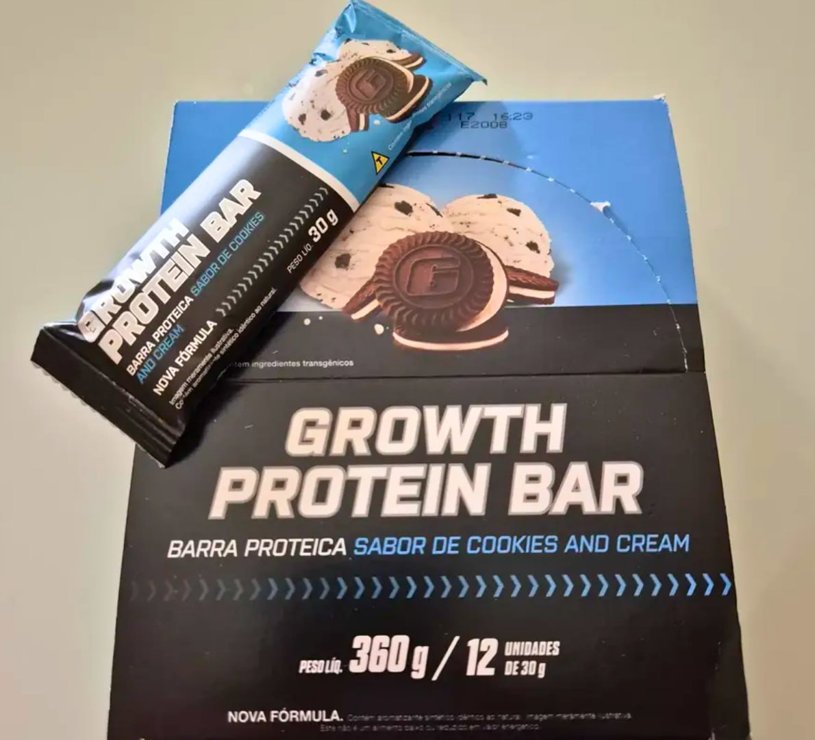 💪 Barra de Proteína (caixa 12 uni.) Growth Supplements - Sabor Cookies & Cream