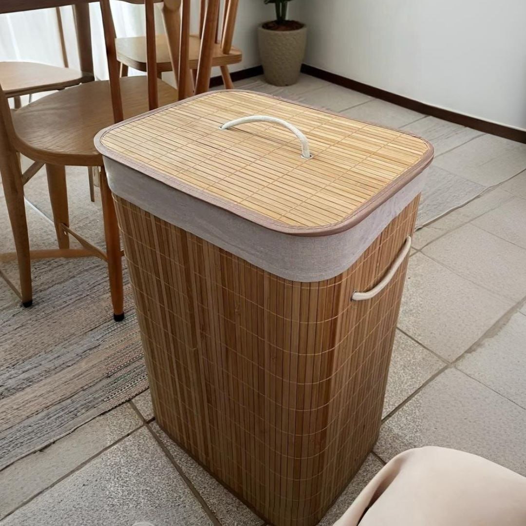 🧺 Cesto de Roupa Bambu 72L com Tampa e Forro