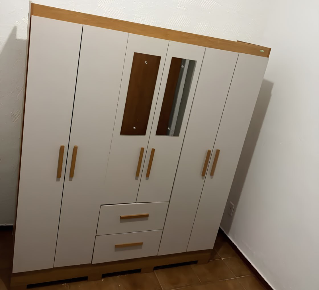 ✅ Guarda-roupa Casal com Espelho 6 Portas 2 Gavetas Sallêto Cinamomo/Off White