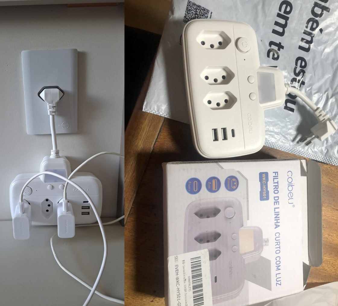 🔌 Extensão Elétrica com 3 Tomadas, 2 Interfaces USB, 1 Porta USB Tipo-C Bivolt 2200W