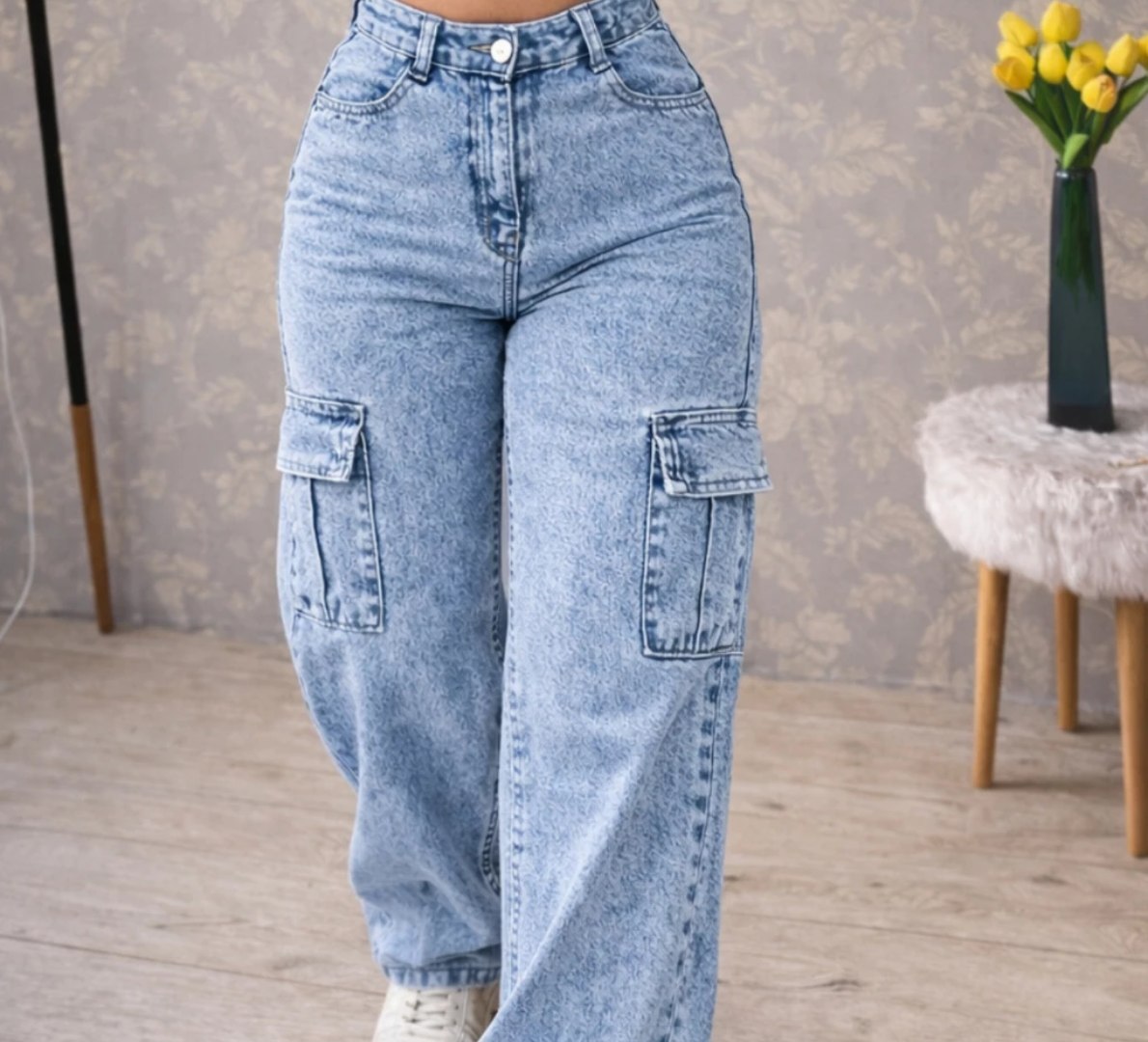 👖 Calça Wide Leg Jeans CARGO Cintura Alta Sem Lycra