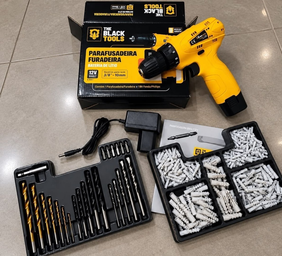 🧰 Parafusadeira Furadeira + Jogo Brocas E Buchas -The Black Tools 300 Peças