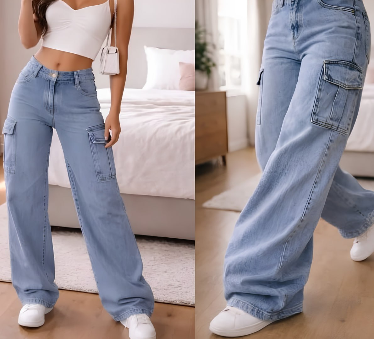 👖 Calça Cargo Wide Leg Cintura Alta (várias cores)
