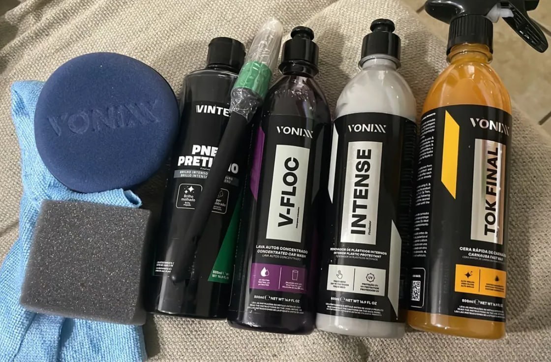🫧 Kit Lavagem Vonixx: Shampoo V-Floc, Cera Tok Final, Intense, Pneu Pretinho Vintex