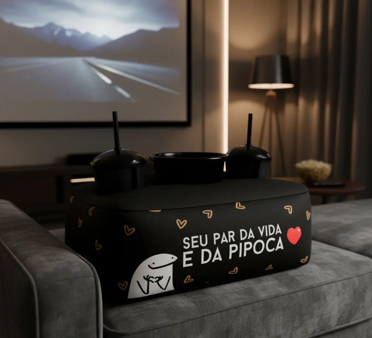 🍿 Kit Almofada Porta Pipoca Casal 2 Copos +balde