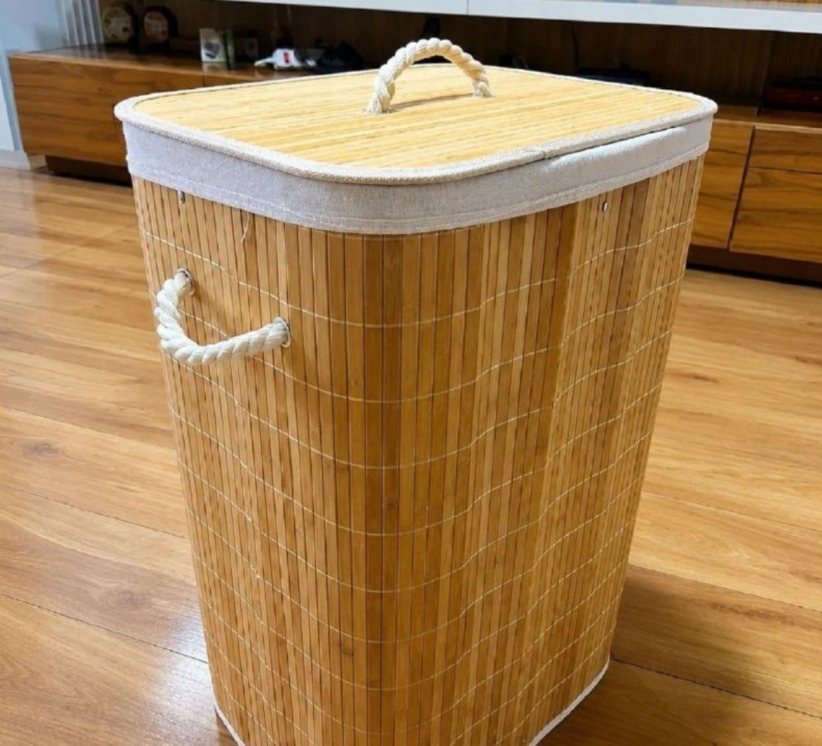🎍 Cesto De Roupa Bambu De 72L Com Forro De Linho