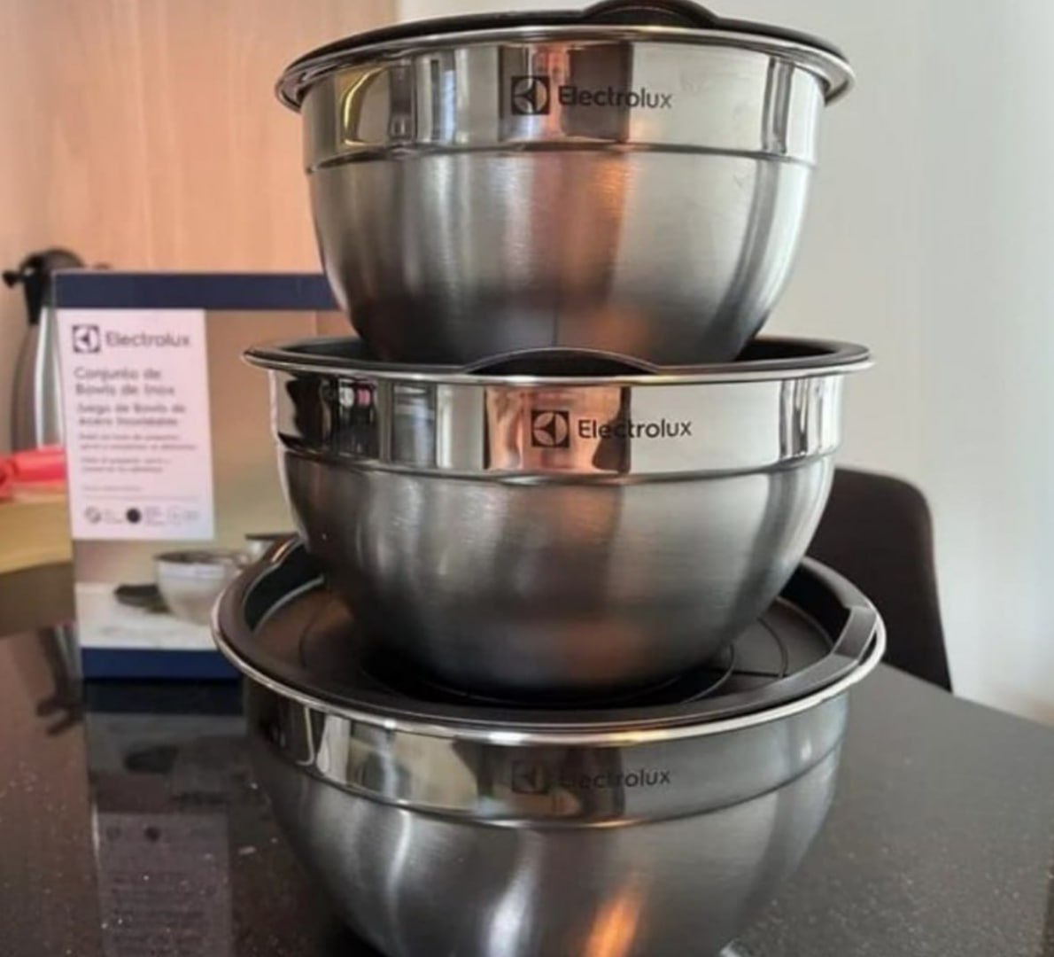 🥘 Conjunto com 3 Bowls Inox com Tampa Plástica Electrolux