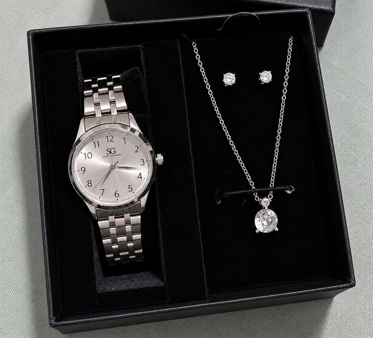 ⌚️ Kit Relógio, Colar e Brincos de Prata Feminino Saint Germain 28mm