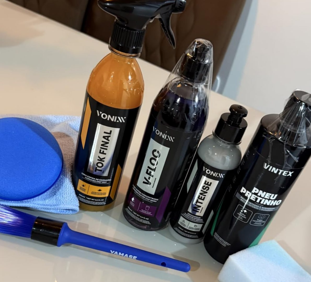 🫧 Kit Lavagem Vonixx: Shampoo V-Floc, Cera Tok Final, Intense, Pneu Pretinho Vintex