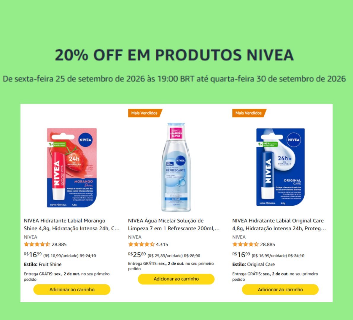 ➡️ 20% OFF em produtos selecionados Nivea