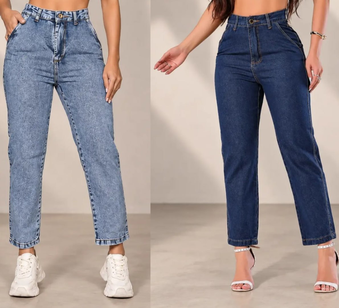 👖 Calça Mom Jeans Cintura Alta Marmorizada