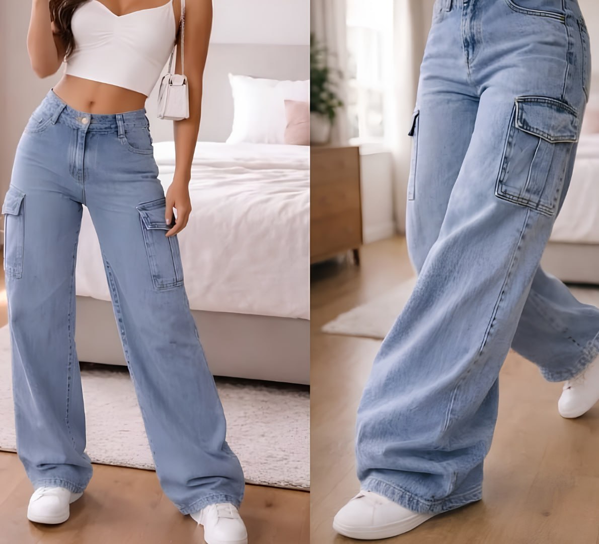 👖 Calça Cargo Wide Leg Cintura Alta Jeans (9 cores)