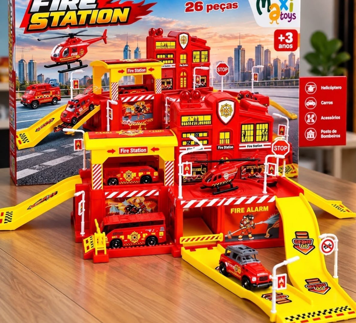 🚒 Pista de Carrinhos Infantil Bombeiro com 5 Veículos e Acessórios Maxi Toys